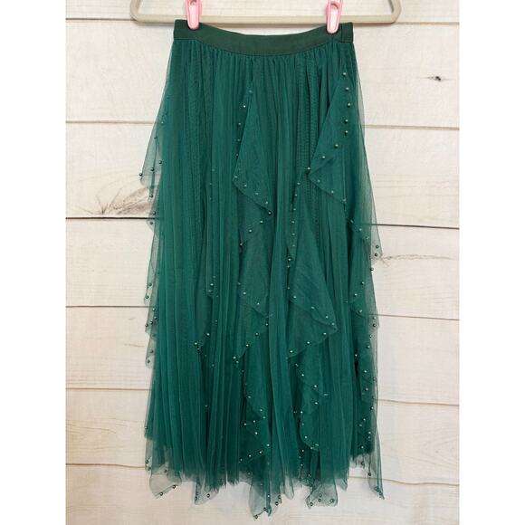 Nikki Lund Green Midi Skirt Tulle Pearls Sz XS Perf For Holiday Party - Picture 1 of 6